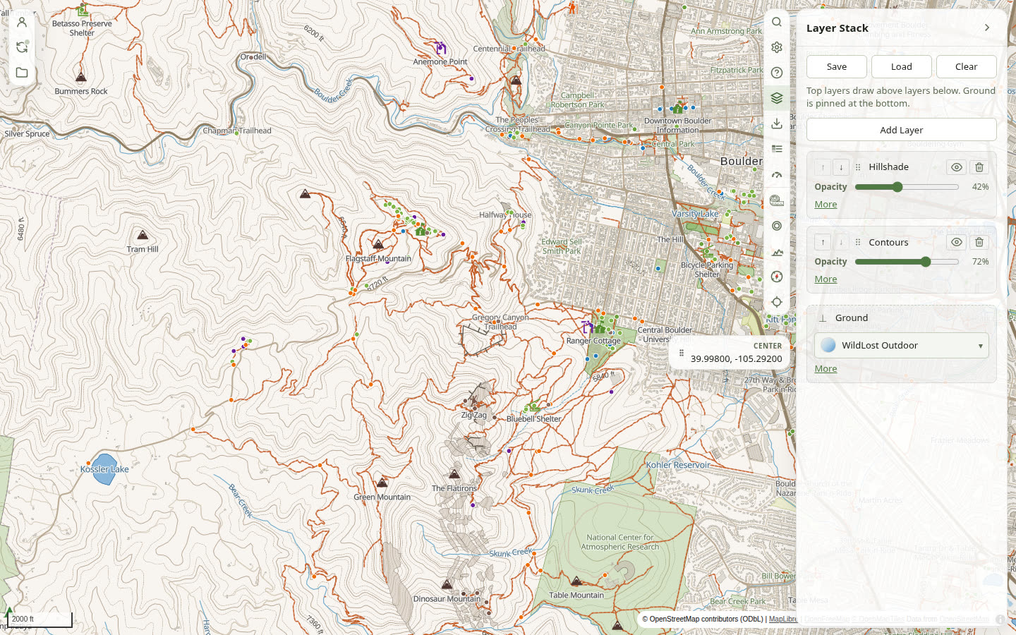 The same map with Layer Stack open, showing Hillshade and Contours over WildLost Outdoor ground.
