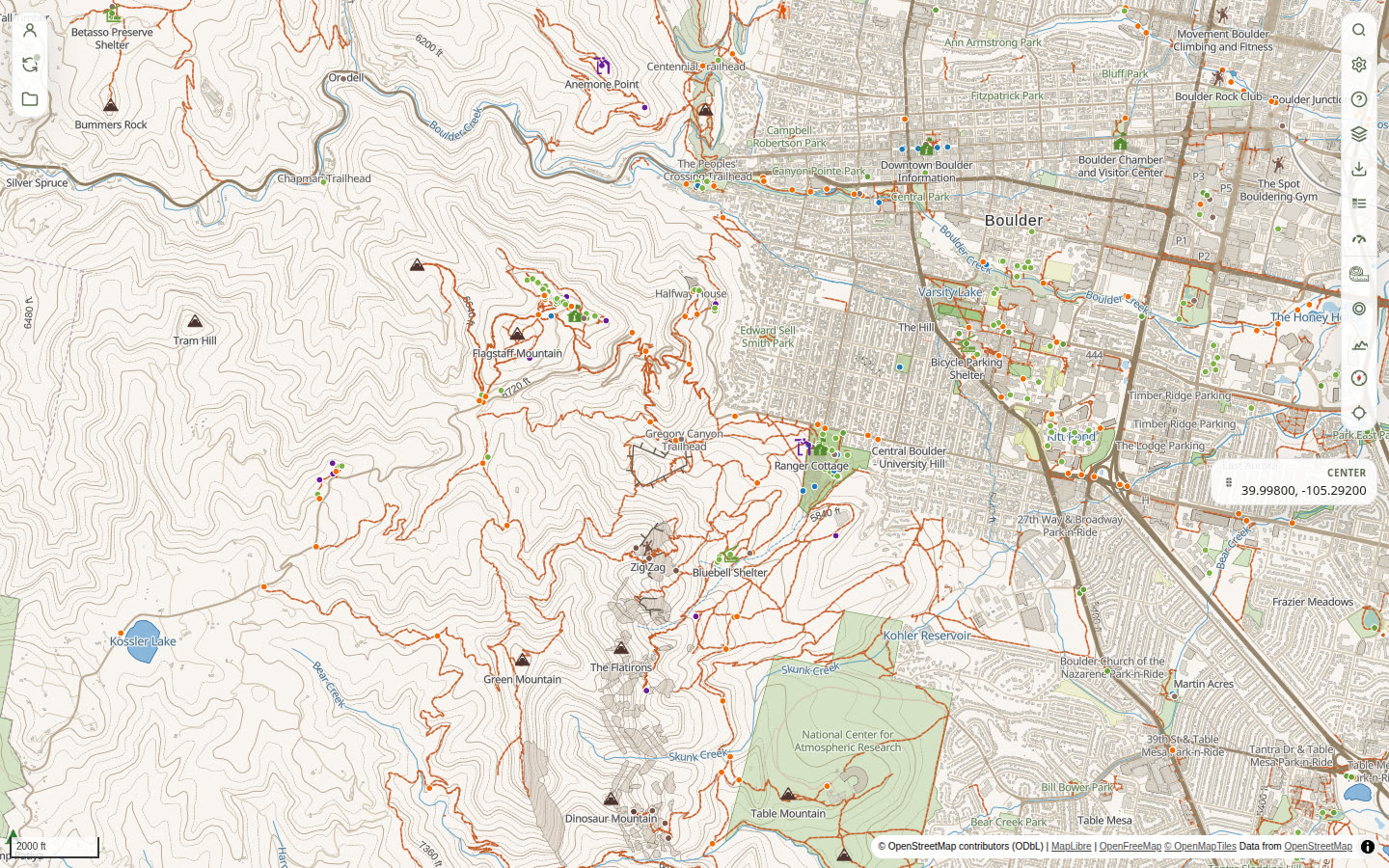 Wildlost map of the Flatirons west of Boulder, with contours, trails, and WildLost Outdoor as ground.